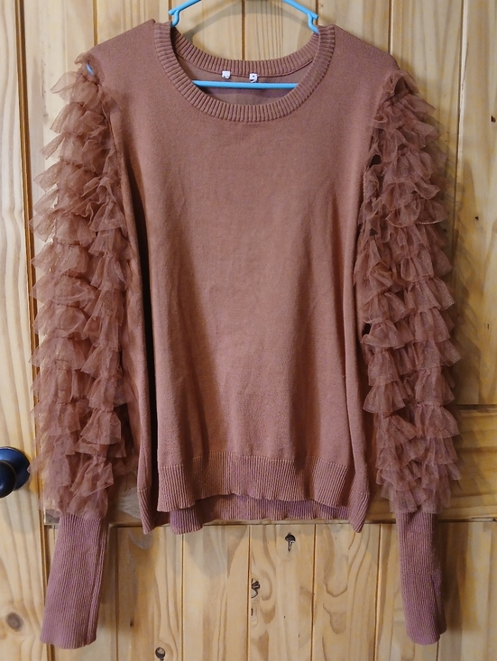 Cato Tops - Cato Dusty Rose Crewneck With Ruffle Sheer Sleeves Size S/M